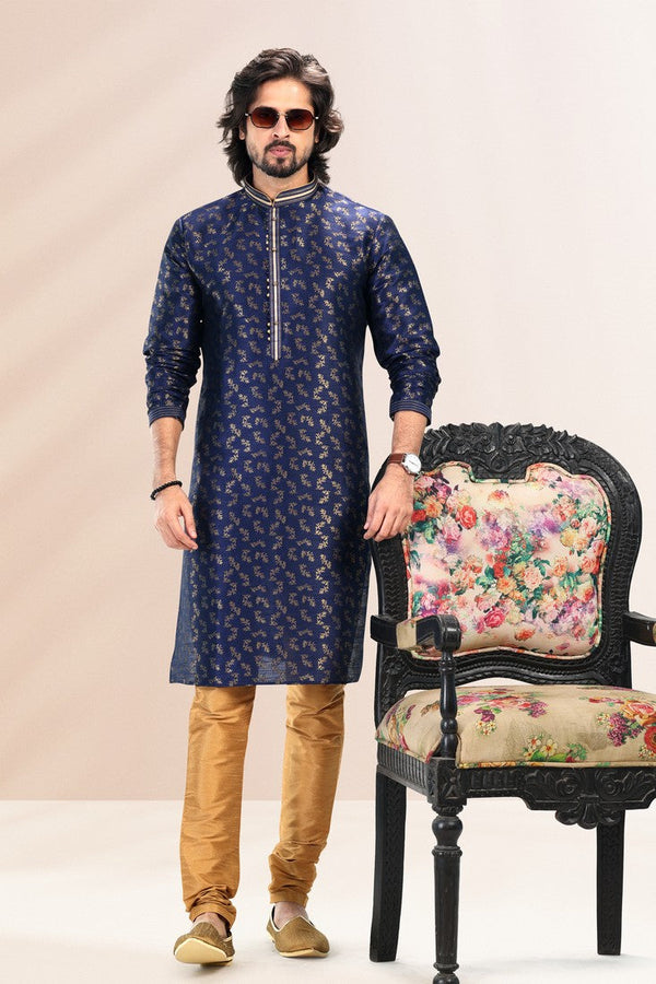 Amazing Navy Blue Color Jacquard Fabric Kurta Pajama
