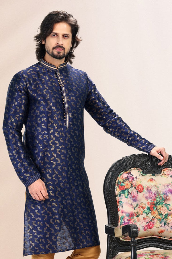Amazing Navy Blue Color Jacquard Fabric Kurta Pajama