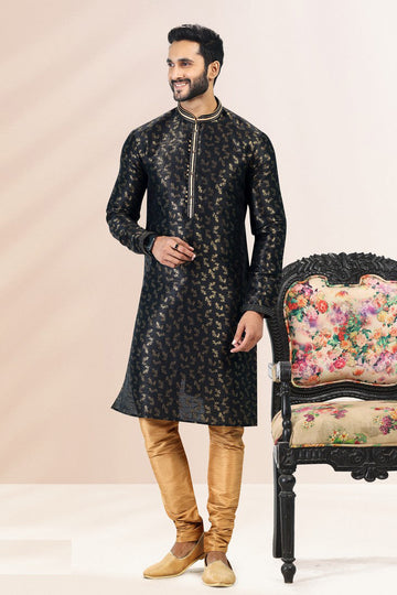 Amazing Black Color Jacquard Fabric Kurta Pajama
