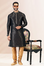 Amazing Black Color Jacquard Fabric Kurta Pajama