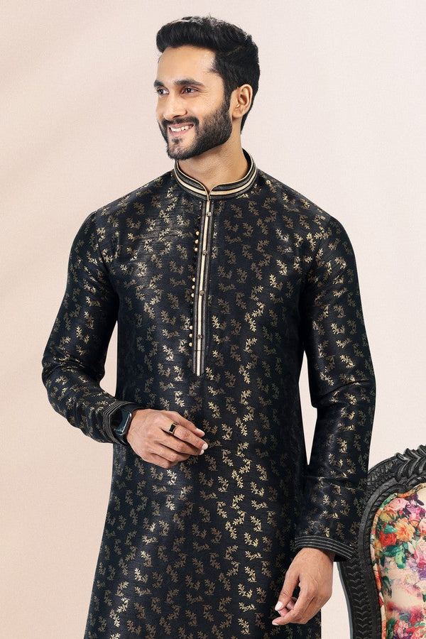 Amazing Black Color Jacquard Fabric Kurta Pajama