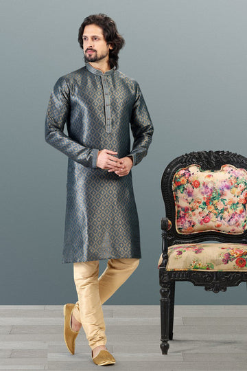 Amazing Grey Color Jacquard Fabric Kurta Pajama