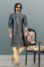 Amazing Grey Color Jacquard Fabric Kurta Pajama