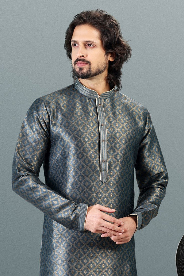 Amazing Grey Color Jacquard Fabric Kurta Pajama