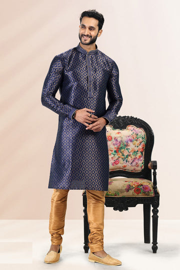 Amazing Navy Blue Color Jacquard Fabric Kurta Pajama