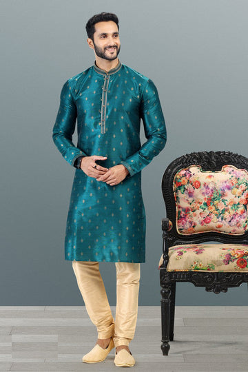 Amazing Teal Color Jacquard Fabric Kurta Pajama