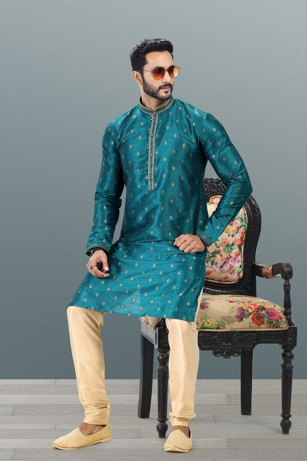 Amazing Teal Color Jacquard Fabric Kurta Pajama
