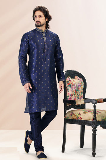 Amazing Navy Blue Color Jacquard Fabric Kurta Pajama
