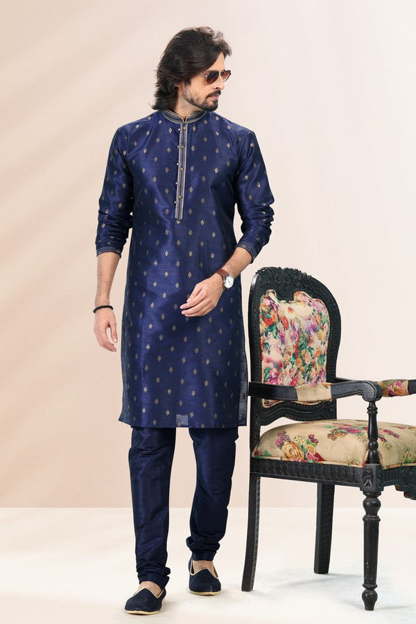 Amazing Navy Blue Color Jacquard Fabric Kurta Pajama