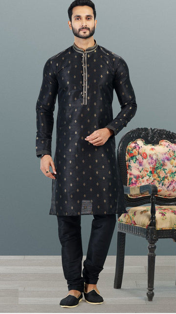 Amazing Black Color Jacquard Fabric Kurta Pajama