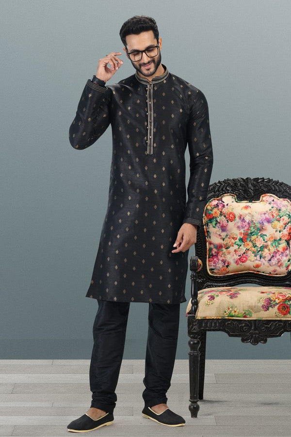 Amazing Black Color Jacquard Fabric Kurta Pajama