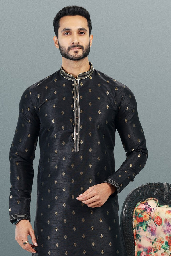 Amazing Black Color Jacquard Fabric Kurta Pajama