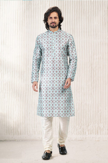 Amazing Aqua Color Jacquard Fabric Kurta Pajama