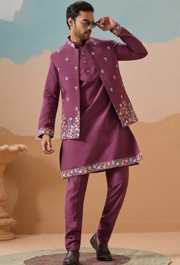 Grand Purple Color Viscose Fabric Kurta Pajama and Jacket