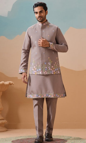 Grand Grey  Color Viscose Fabric Kurta Pajama and Jacket