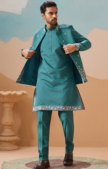 Grand Rama Green Color Viscose Fabric Kurta Pajama and Jacket