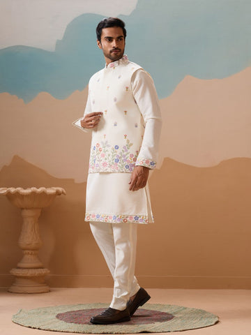 Grand White Color Viscose Fabric Kurta Pajama and Jacket