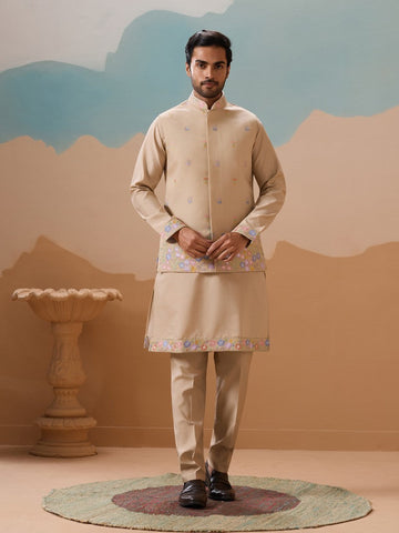 Grand Beige Color Viscose Fabric Kurta Pajama and Jacket