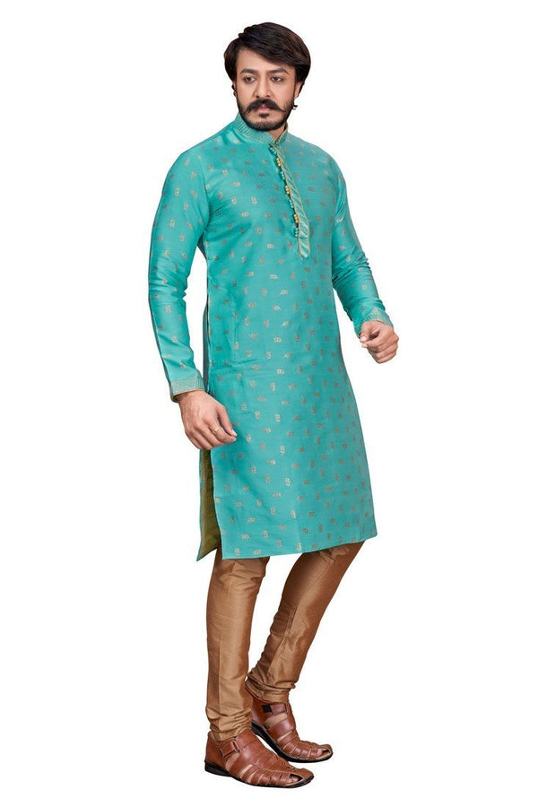 Classy Turquoise Color Jacquard Fabric Kurta Pajama