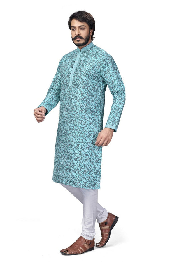 Elegant Navy Blue Color Jacquard Fabric Kurta Pajama