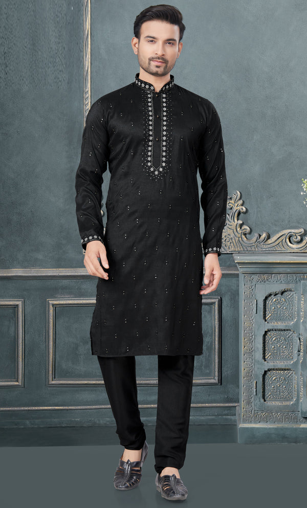 Classy Black Color Silk Fabric Kurta Pajama
