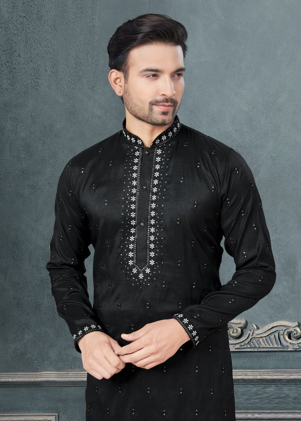 Classy Black Color Silk Fabric Kurta Pajama