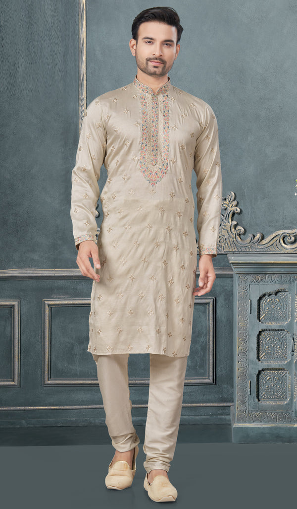 Classy Beige Color Silk Fabric Kurta Pajama