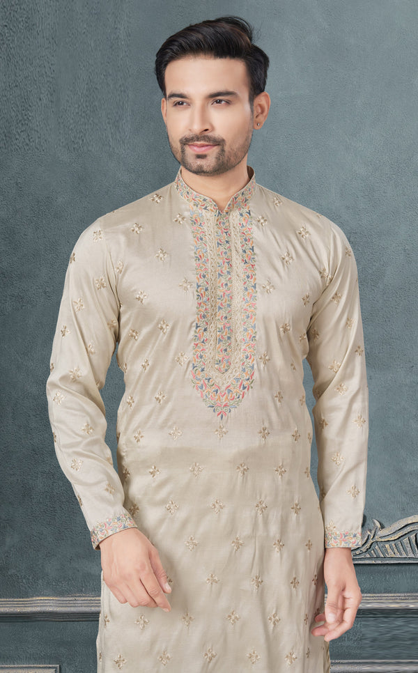 Classy Beige Color Silk Fabric Kurta Pajama