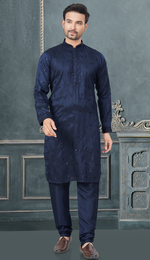 Classy Navy Blue Color Silk Fabric Kurta Pajama