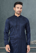 Classy Navy Blue Color Silk Fabric Kurta Pajama