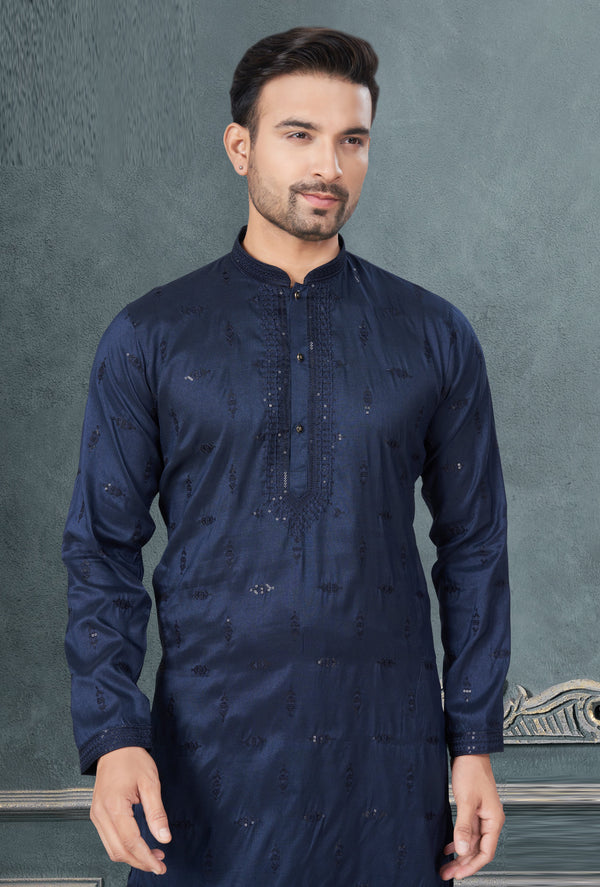 Classy Navy Blue Color Silk Fabric Kurta Pajama