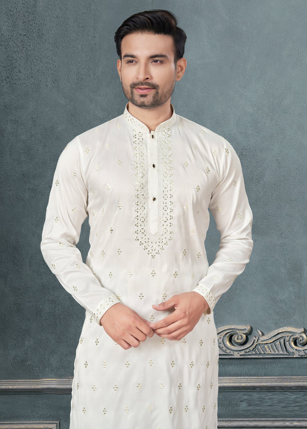 Classy White Color Silk Fabric Kurta Pajama