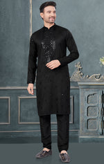 Classy Black Color Silk Fabric Kurta Pajama