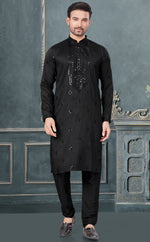 Classy Black Color Silk Fabric Kurta Pajama