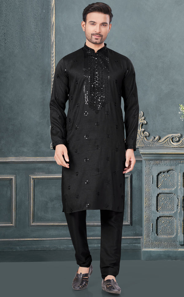 Classy Black Color Silk Fabric Kurta Pajama