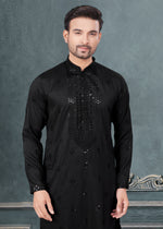 Classy Black Color Silk Fabric Kurta Pajama