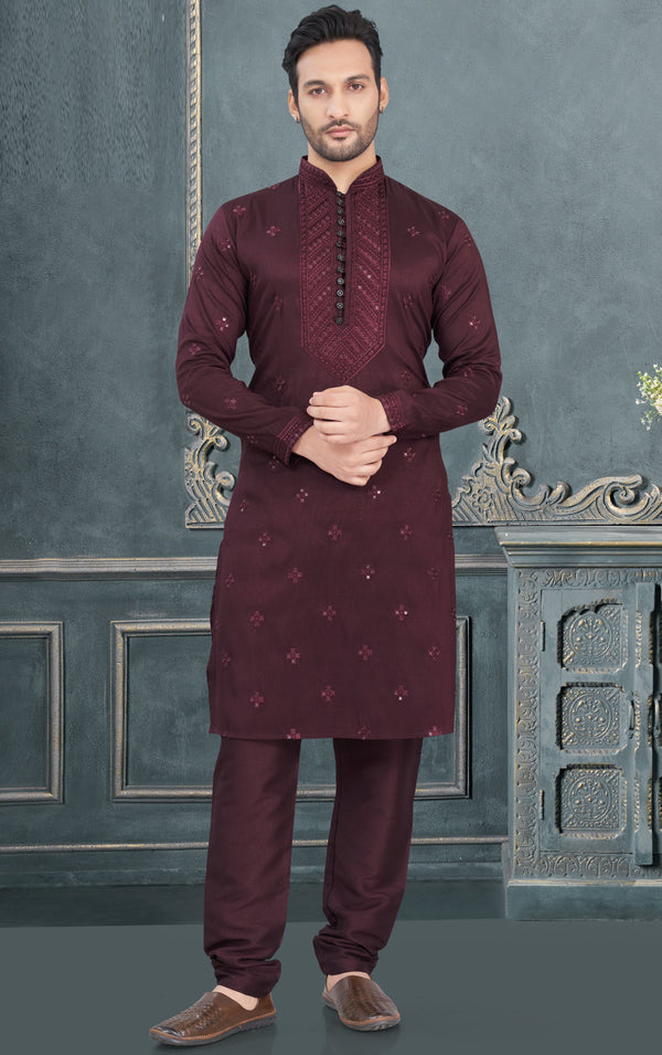 Classy Maroon Color Silk Fabric Kurta Pajama