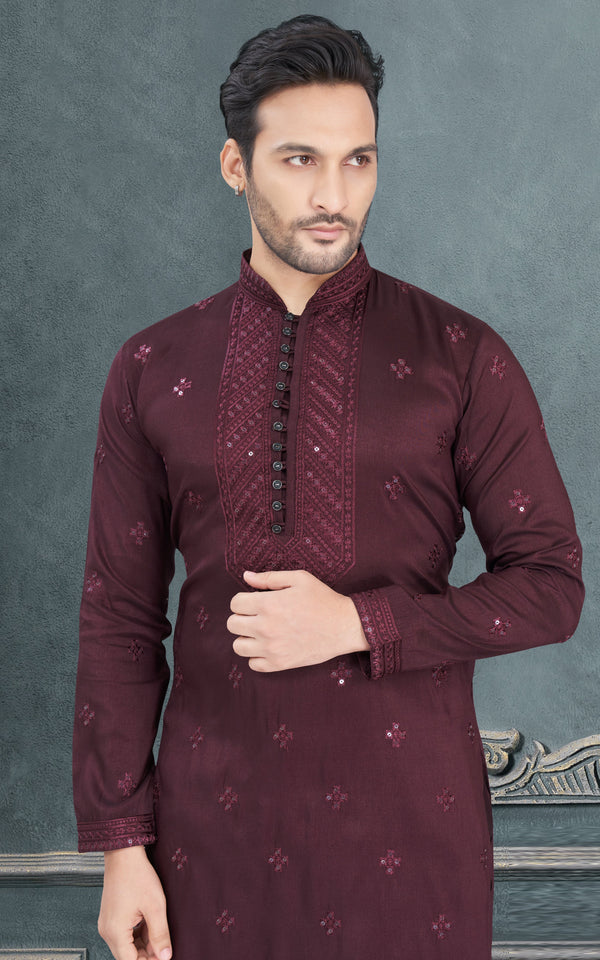 Classy Maroon Color Silk Fabric Kurta Pajama