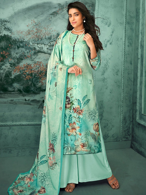 Tasteful Aqua Color Velvet Fabric Plazzo Suits