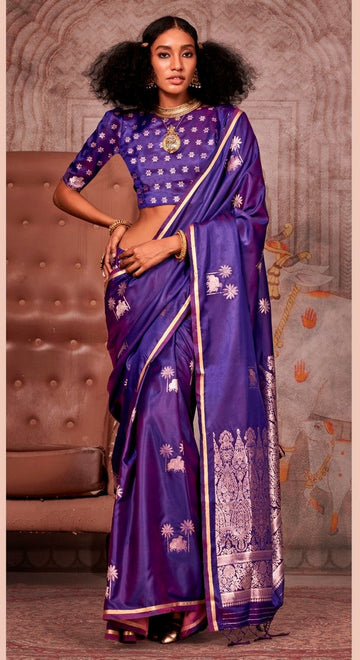 Magnetic Purple Color Satin Fabric Partywear Saree