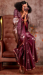 Magnetic Wine Color Satin Fabric Partywear Saree