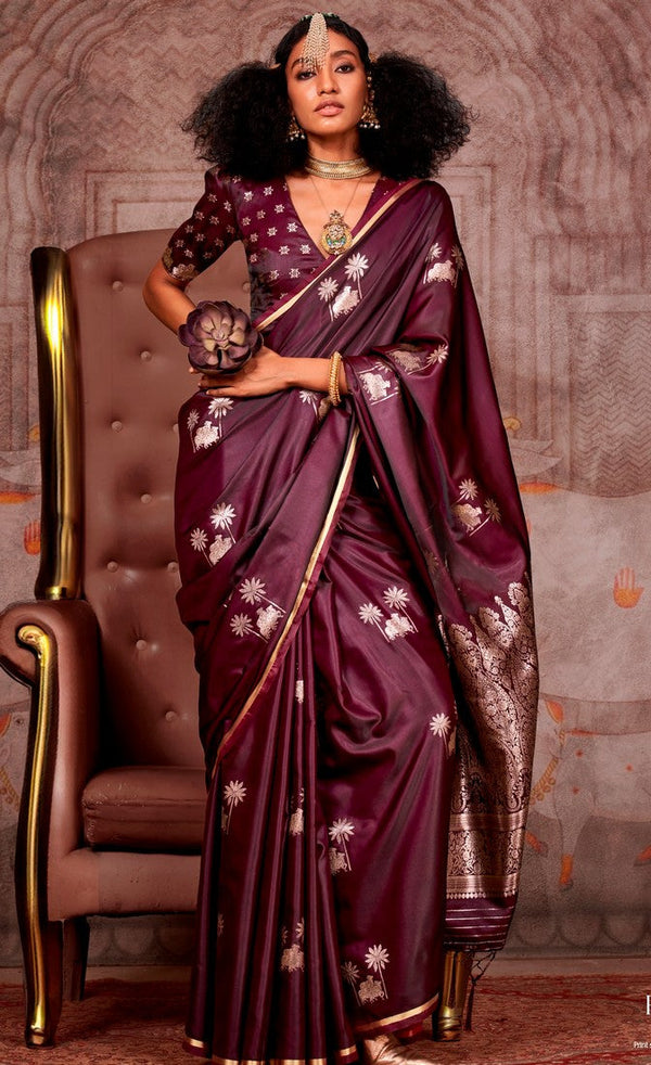 Magnetic Wine Color Satin Fabric Partywear Saree