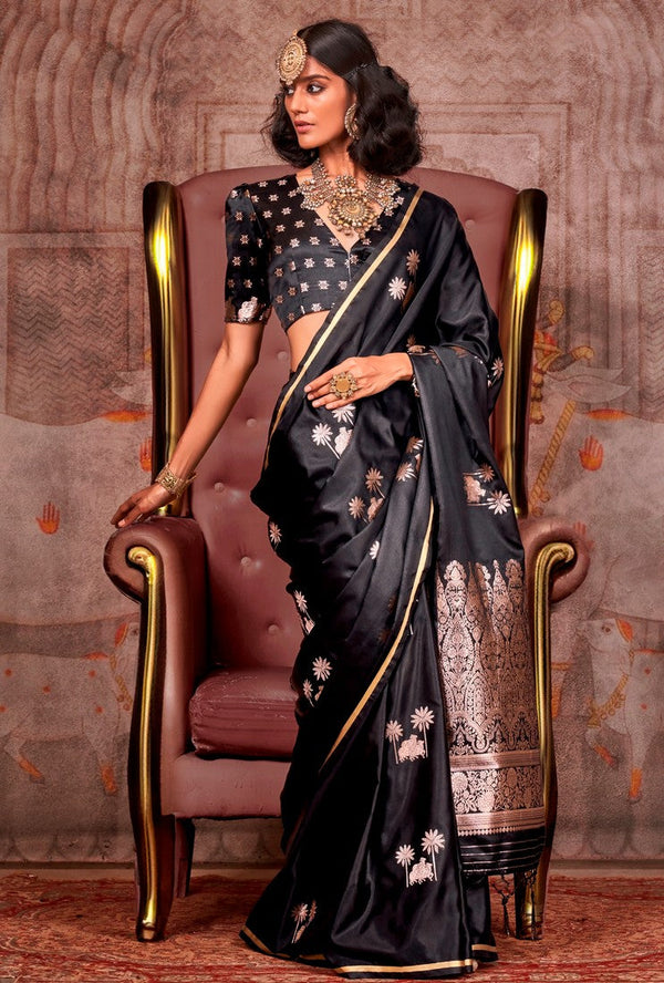 Magnetic Black Color Satin Fabric Partywear Saree