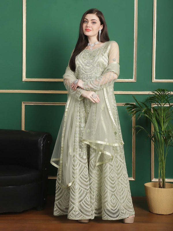 Glowing Green Color Net Fabric Partywear Suit