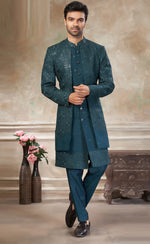 Elegant Green Color Silk Fabric Mens Indowestern