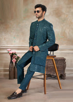 Elegant Green Color Silk Fabric Mens Indowestern