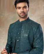 Elegant Green Color Silk Fabric Mens Indowestern