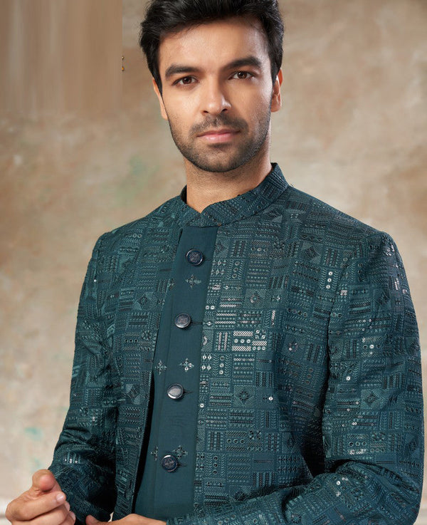 Elegant Green Color Silk Fabric Mens Indowestern