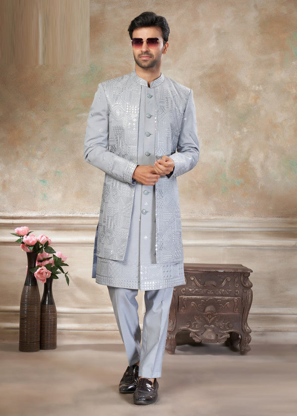 Elegant Grey Color Silk Fabric Mens Indowestern