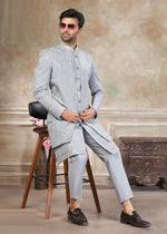 Elegant Grey Color Silk Fabric Mens Indowestern